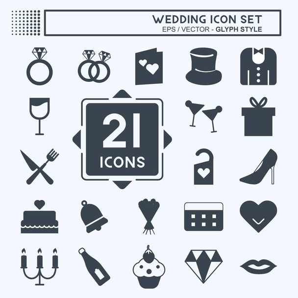Wedding Icon Set in trendy glyph style isolated on soft blue background - Vetor, Imagem