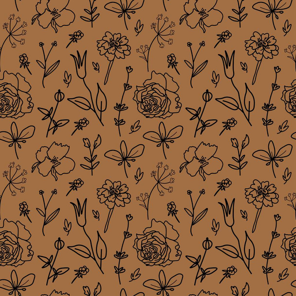 Seamless vector pattern with vintage flowers in black line on kraft background. Minimalist,botanical doodle style print. Design for textiles, wraprapping paper, packaging, social media, scrapbook.  - Vektör, Görsel