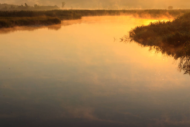 View of river in the mist at sunrise. Fog over river at morning - Фото, зображення