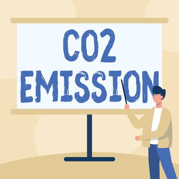 Text sign showing Co2 Emission. Business showcase Releasing of greenhouse gases into the atmosphere over time Teacher In Jacket Drawing Standing Pointing Stick At Whiteboard. - Foto, Bild