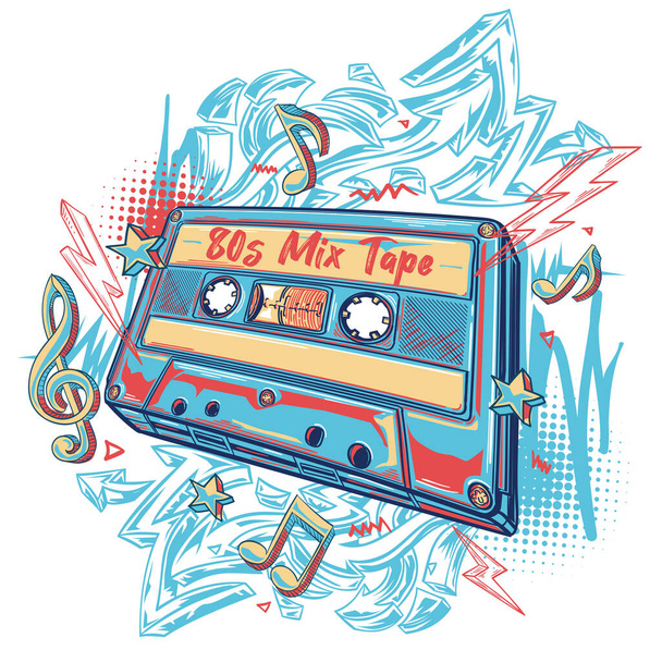 80s mix tape - colorful musical audio cassette design - Вектор,изображение