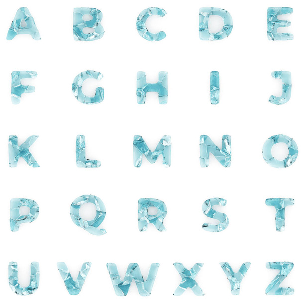 Ice letters alphabet on white background isolated frozen cracked ice - Foto, imagen