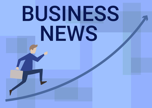 Sign displaying Business News. Business overview Commercial Notice Trade Report Market Update Corporate Insight Businessman Running Upward Holding Briefcase With Arrow Pointing Up. - Photo, Image
