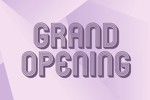 Handwriting text Grand Opening. Internet Concept Ribbon Cutting New Business First Official Day Launching Line Illustrated Backgrounds With Various Shapes And Colours. - Photo, Image