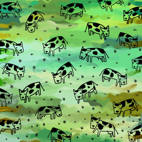 A simple fun design of a herd of cows grazing on green pasture land. - Vector, imagen