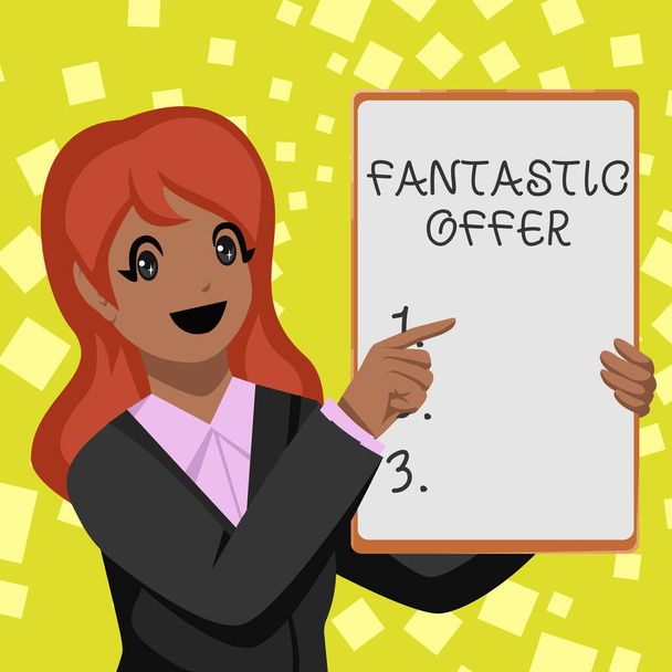 Hand writing sign Fantastic Offer. Word for a marketing strategy which helps in captivating more customers Business Woman Drawing Holding Blank White Board Presenting Announcements - Foto, immagini