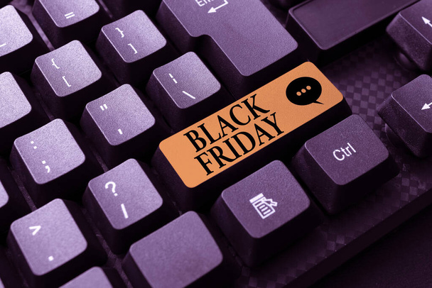Conceptual caption Black Friday. Word for a day where seller mark their prices down exclusively for buyer Creating New Online Cookbook, Typing And Sharing Cooking Recipes - Foto, Imagem