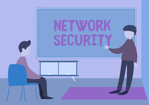 Text caption presenting Network Security. Concept meaning practice of securing a computer web from intruders Teacher And Student Drawing Having Class Privately Inside A Classroom. - Photo, Image