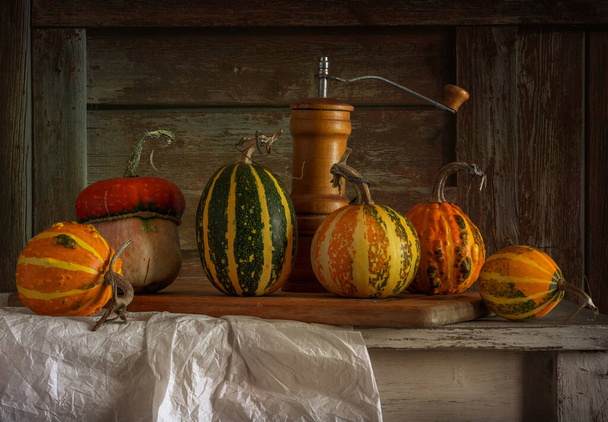 Ripe and tasty pumpkins and a spice mill on a cutting board. Retro still life. - Photo, Image