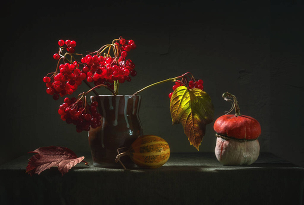 Un montón de viburno rojo maduro y calabaza. Cosecha de otoño. - Foto, Imagen
