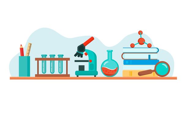 Laborausrüstung - Becher, Mikroskop, Flaschen. Vektor bunte Cartoon-Stil Illustration auf weißem Hintergrund. - Vektor, Bild
