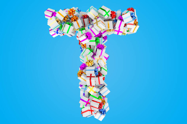 Letter T van geschenkdozen, 3D weergave geïsoleerd op blauwe achtergrond - Foto, afbeelding