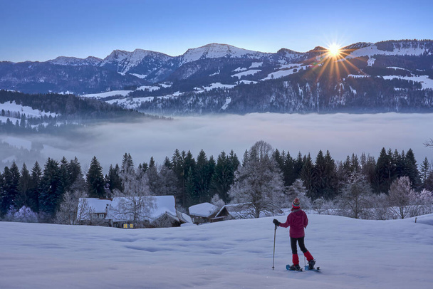      Зимовий пейзаж з жінкою, що спостерігала за сходом сонця через гірський ланцюг Нагелфлюх під час прогулянки снігоступом в Альпах Альгаеу поблизу Оберстауфена (Німеччина).,                           - Фото, зображення