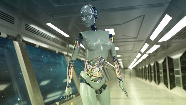 Renderização 3d. Cena futurista e figura humanoide - Foto, Imagem