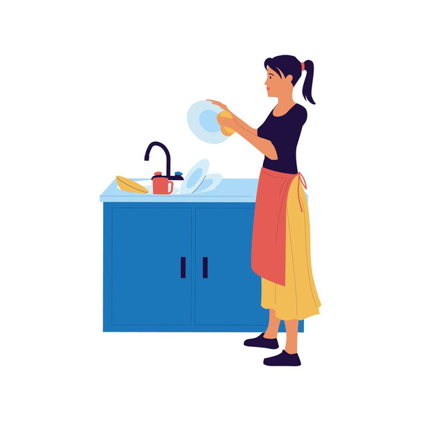 Woman wipes dishes. Cartoon female character washes crockery in sink. Housewife polishes plate with towel. Kitchen chores. Girl cleans utensil. Housekeeping activity. Vector home cleanup - Вектор,изображение
