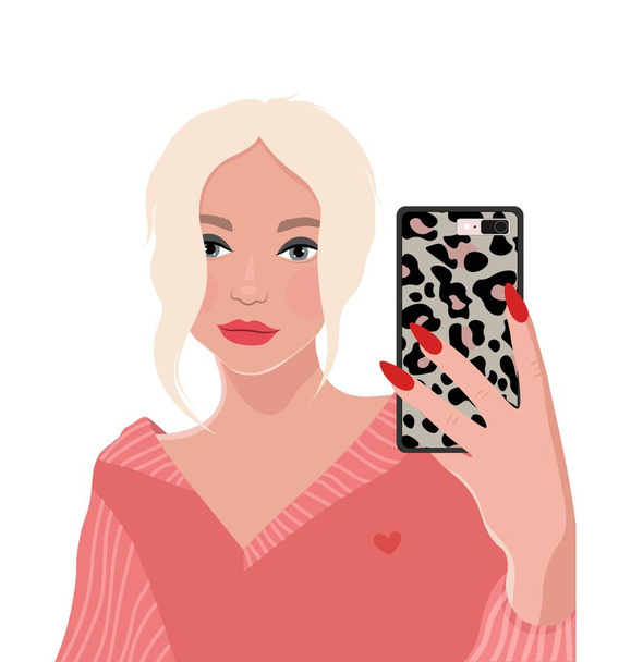 Blonde girl with phone. Selfie girl. Vector illustration - Vektori, kuva