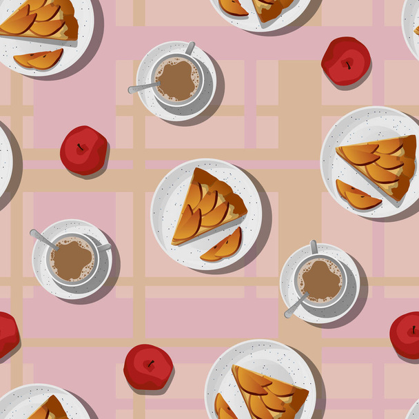 Vector seamless pattern with piece of apple pie in white plate, coffee with milk in cup and saucer isolated on the background of pink clocheted tablecloth. - Vektor, kép