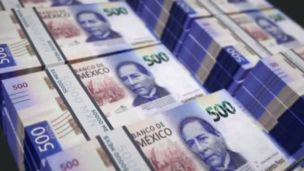 Mexiko Pesos peníze balení smyčka 3D animace. Bezproblémová koncepce financí, hotovosti, ekonomiky, obchodu a bank. Fotoaparát pohybující se nad balíčky bankovek 500 MXN. - Záběry, video