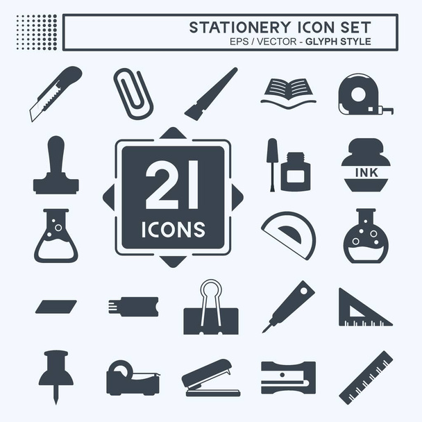 Stationery Icon Set in trendy glyph style isolated on soft blue background - Vector, Imagen