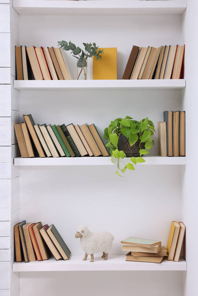 Collection of books and decor elements on shelves indoors - Foto, Imagem