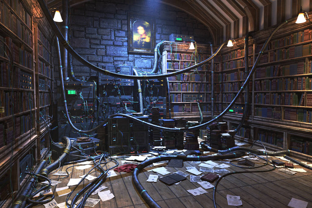 Old library energy preload, complete scene for background. 3D rendering illustration. - Foto, immagini