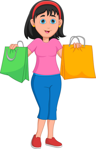 niedliches Mädchen Shopping Cartoon auf weißem Hintergrund - Vektor, Bild