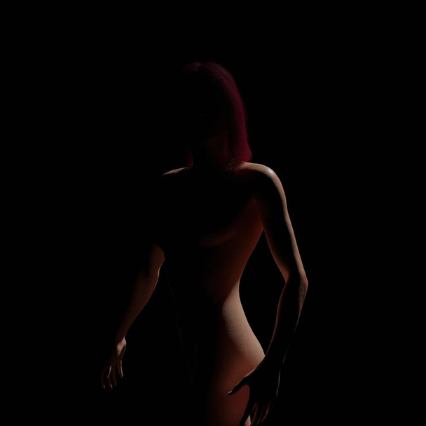 Σιλουέτα αποκαλύπτοντας τα σχήματα ενός ενήλικα guben γυναικείο σώμα σε σκούρο φόντο 3d ρεαλιστική απεικόνιση - Φωτογραφία, εικόνα