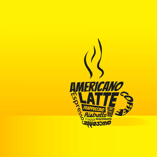  Lettering on cup .Kind of coffee names on yellow background. - Vector, imagen