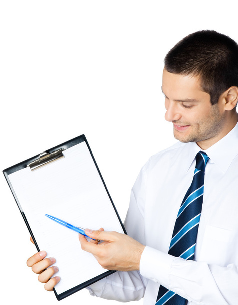 Businessman with clipboard, on white - Foto, afbeelding