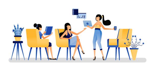 vector illustration of women at meetings and casual presentations in fancy cafes discussing company performance issues. brainstorming is better when you relax. Designed for website, web, apps, poster - Vector, Imagen