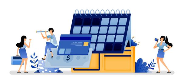 vector illustration of calendar that comes out of a wallet with credit card. maturity of payment of short term debt must  repaid immediately. Can use for web website apps poster banner flyer homepage - Vetor, Imagem