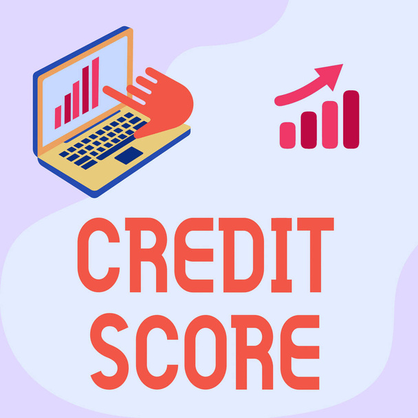 Writing displaying text Credit Score. Word for Represent the creditworthiness of an individual Lenders rating Laptop Drawing Showing Graph Growth Hand Pointing Screen. - Photo, Image