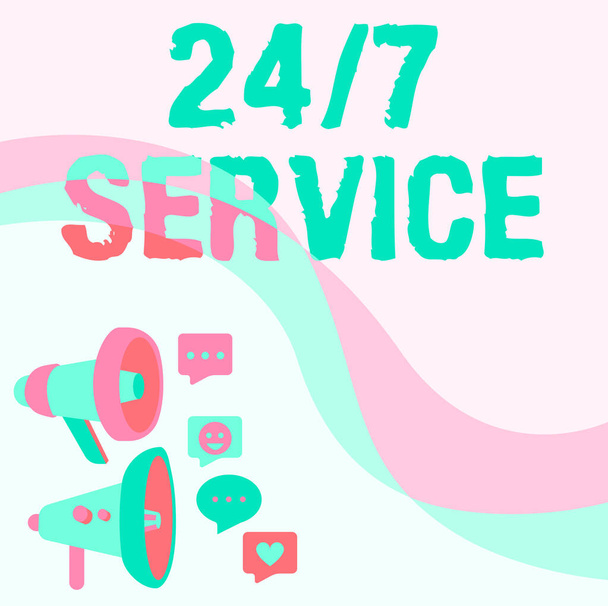 Hand writing sign 24 Or 7 Service. Internet Concept Always available to serve Runs constantly without disruption Illustration Of Hand Holding Megaphone With Sun Ray Making Announcement. - Foto, immagini