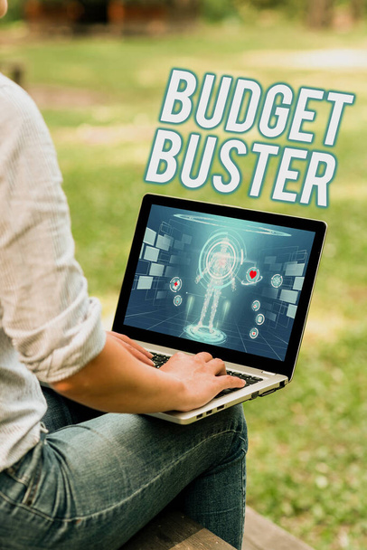 Inspiration showing sign Budget Buster. Business showcase Carefree Spending Bargains Unnecessary Purchases Overspending Woman Typing On Laptop Sitting Outside Side View Working From Home. - Photo, Image