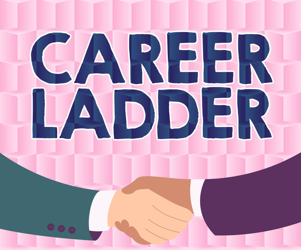 Hand writing sign Career Ladder. Business showcase Job Promotion Professional Progress Upward Mobility Achiever Two Men Drawing With Paper Background Shake Hands Presenting Agreement - Foto, Imagem