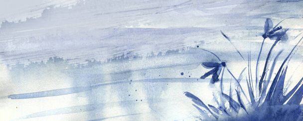 Indigo colored nautical painting with lake scenery and trees on the shore. Hand drawn watercolor illustration. Social media banner or header. - Photo, image