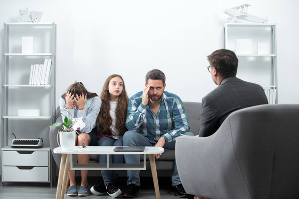 Psychologist give family therapy for dad mom and daughter girl, psychology. Family therapy, social service concept. - Photo, Image