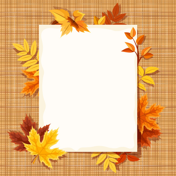 Autumn leaves and a paper sheet on a sacking fabric. Vector eps-10. - Vektor, Bild