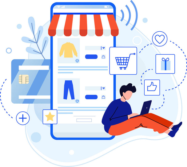 Koupit nákup v internetovém obchodě, číst recenzi a nákup - Vektor, obrázek