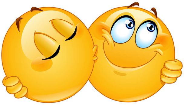 Δύο emoji emoticons φιλιούνται στο μάγουλο και αγκαλιάζονται - Διάνυσμα, εικόνα