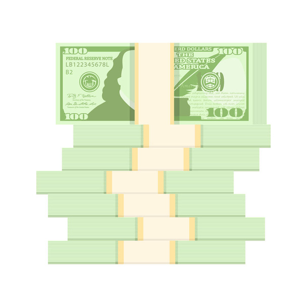 pile of 100 USD money banknote bundles cartoon vector illustration isolated object  - Вектор,изображение
