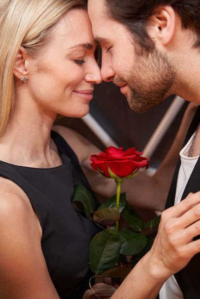 Lovely couple holding rose between them while dancing - Valokuva, kuva
