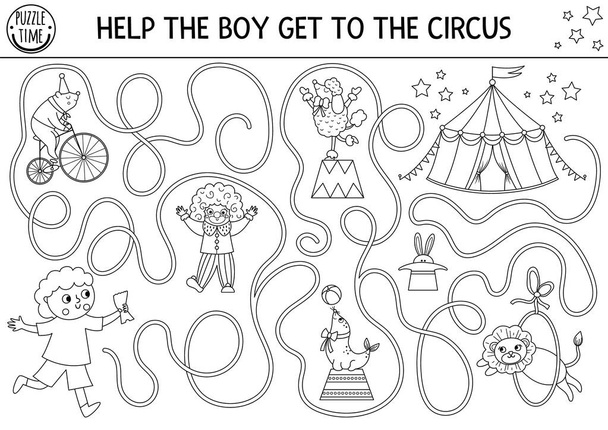 Cirkusz fekete-fehér labirintus gyerekeknek, fiúkkal, akik marquee-ba futnak. Szórakoztató show óvodai nyomtatható vonal tevékenység bohóccal, állatokkal. Szórakozás labirintus színező pag - Vektor, kép