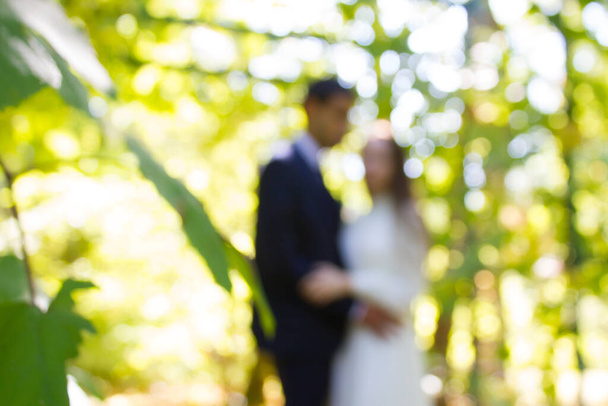 Bride and groom on nature background. Blurred - Foto, afbeelding