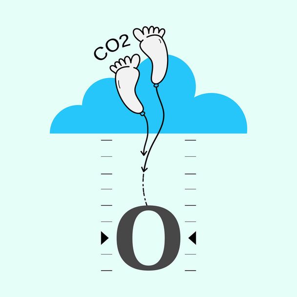 Foot shape inflated balloons floating lower to zero meter. Reduce carbon footprint concept. Vector illustration outline flat design style. - Vetor, Imagem