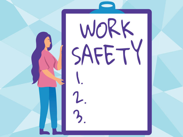 手書きのテキスト作業安全性。労働者の健康を守るために企業によって適用されるビジネスアイデア予防措置女性は新しい意味を示す大きな空のクリップボードを保持. - 写真・画像