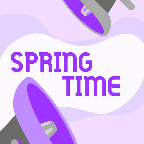 Inspiration showing sign Spring Time. Word Written on temperate season of the year identified by a revival of plants Pair Of Megaphone Drawing Making Announcement In Chat Cloud. - Foto, Bild