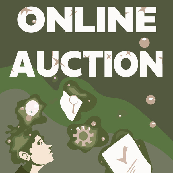 Sign displaying Online Auction. Business approach digitized sale event which item is sold to the highest bidder Illustration Of A Man Standing Coming Up With New Amazing Ideas - Фото, изображение