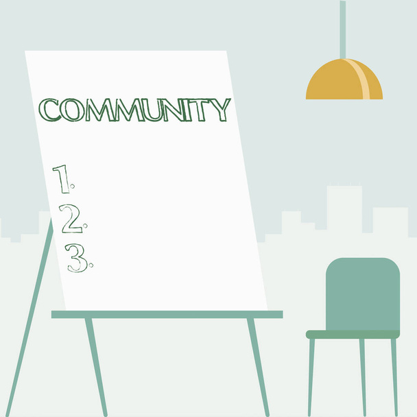 Hand writing sign Community. Business showcase specific population with a common characteristics living together Empty Portrait Artwork Design With Skyscrapers Behind Showing Art Subject. - Photo, Image