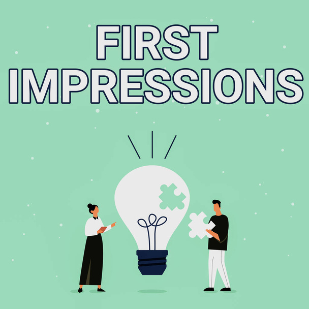 Käsinkirjoitusmerkki First Impressions. Liiketoiminta lähestymistapa tapahtumia, kun yksi henkilö kohtaa toisen henkilön kuvitus Partners kokoamis uusia ihania ideoita taito parantaminen. - Valokuva, kuva